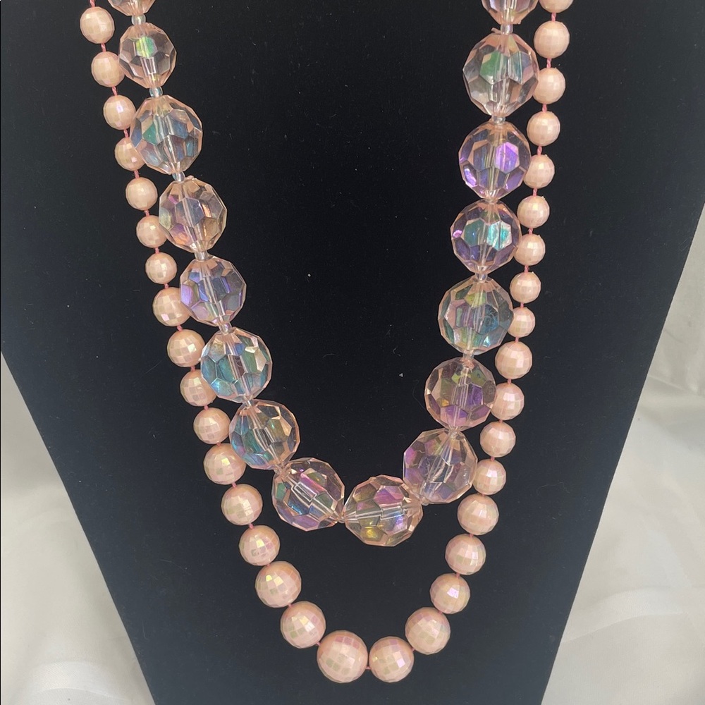 Peachy/Pink Beaded Necklace’s Clear Acrylic 18” w/3” xtr, Solid 25” Disco Beads